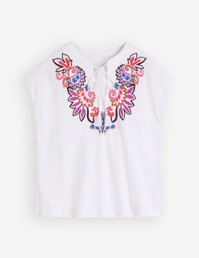 Nina Embroidered Notch T-shirt White – Multi Embroidery Nina Embroidered Notch T-shirt White – Multi Embroidery