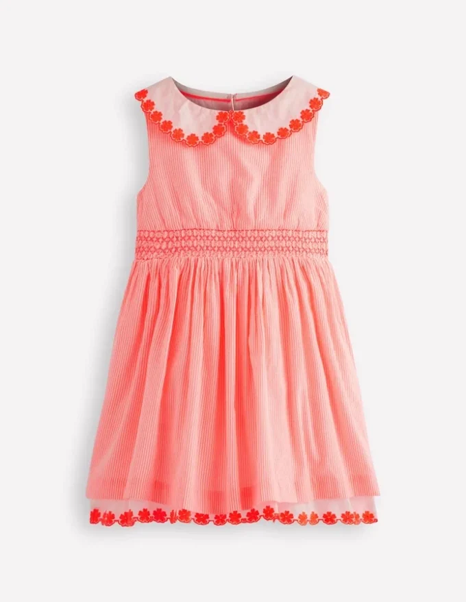 Nostalgic Broderie Dress Neon Coral Seersucker Nostalgic Broderie Dress Neon Coral Seersucker