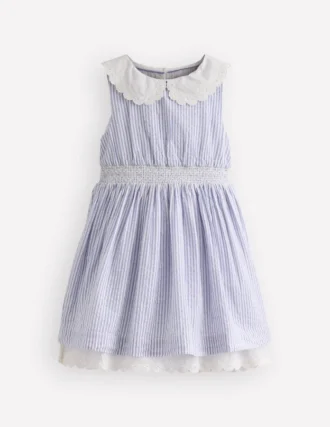 Nostalgic Broderie Dress Salt Blue Ticking Stripe