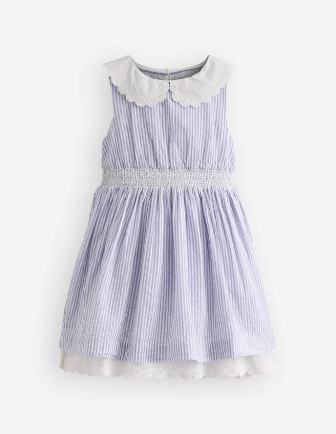Nostalgic Broderie Dress Salt Blue Ticking Stripe