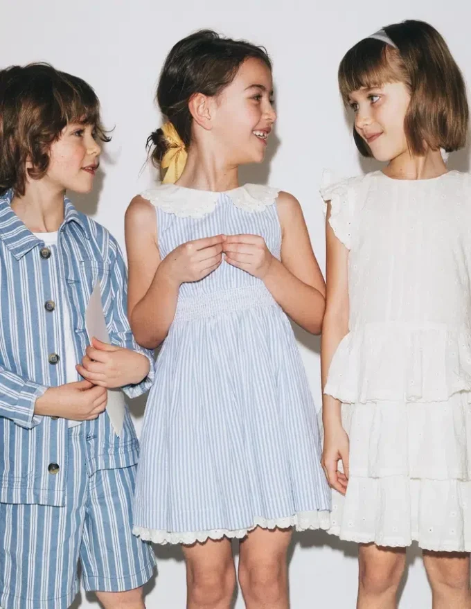Nostalgic Broderie Dress Salt Blue Ticking Stripe
