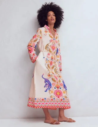 Notch Collar Linen Blend Tunic Multi Tiger Tapestry