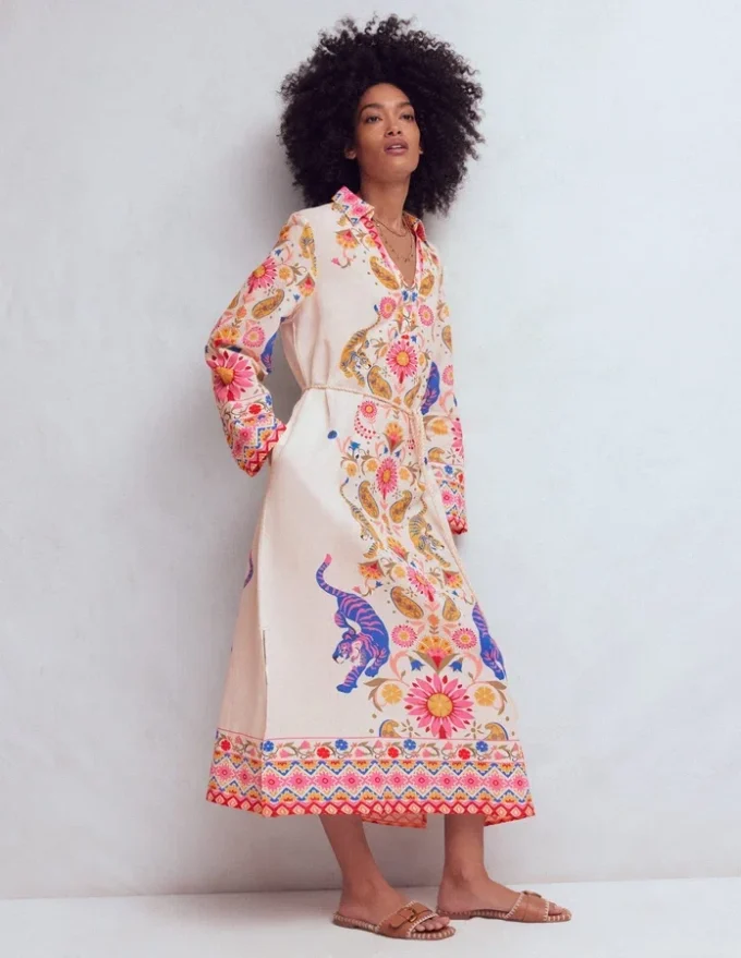 Notch Collar Linen Blend Tunic Multi Tiger Tapestry