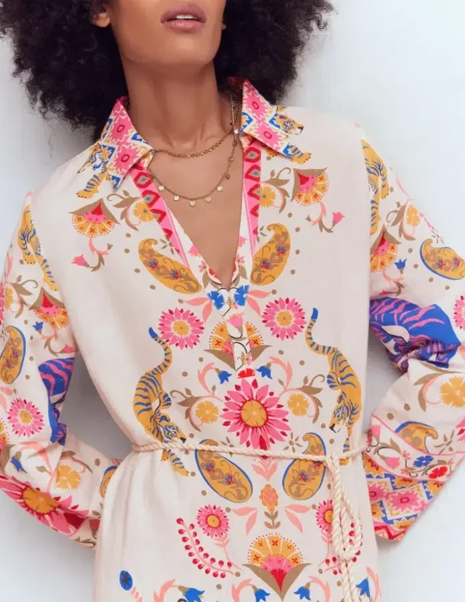 Notch Collar Linen Blend Tunic Multi Tiger Tapestry