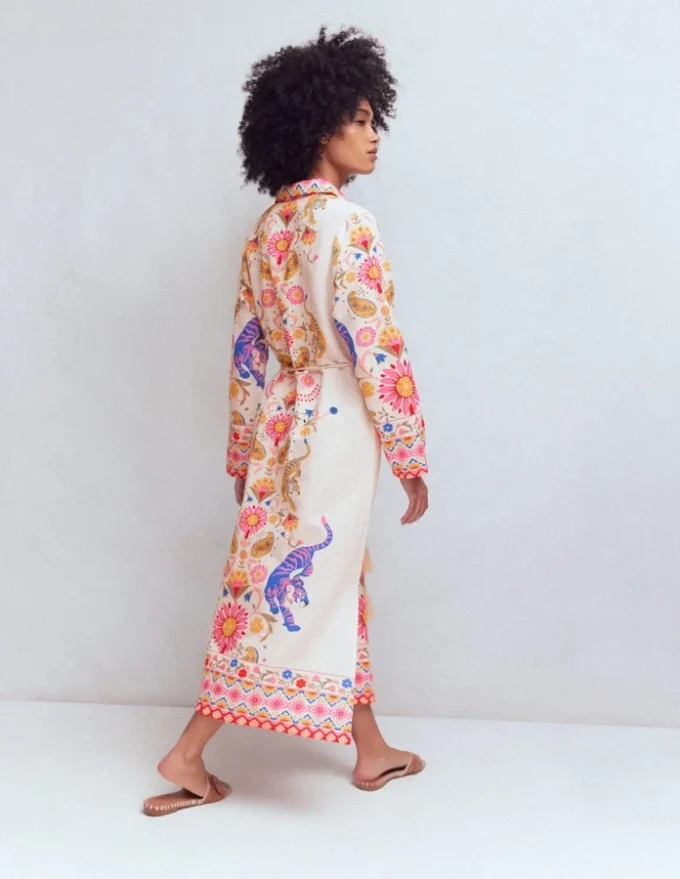 Notch Collar Linen Blend Tunic Multi Tiger Tapestry
