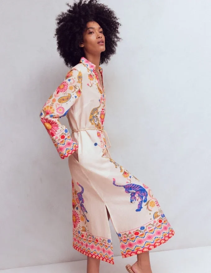 Notch Collar Linen Blend Tunic Multi Tiger Tapestry