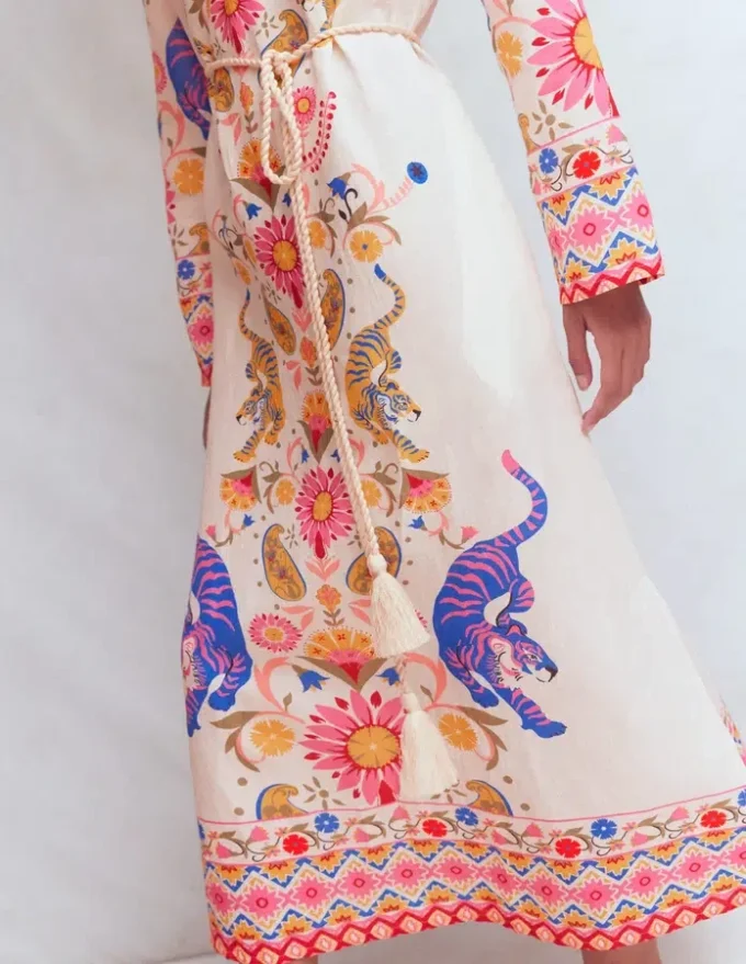 Notch Collar Linen Blend Tunic Multi Tiger Tapestry