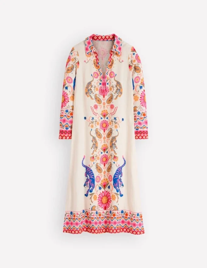 Notch Collar Linen Blend Tunic Multi Tiger Tapestry