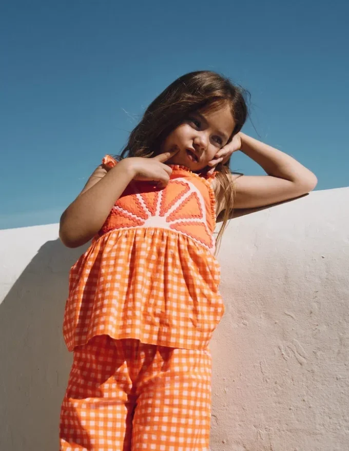 Novelty Strappy Top Orange and Ivory Gingham