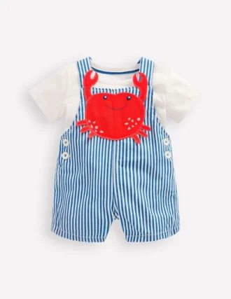 Novelty Woven Overalls Set Blue Stripe Crab