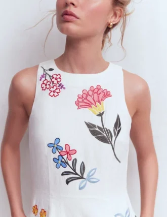 Occasion Short Linen Dress White Embroidery