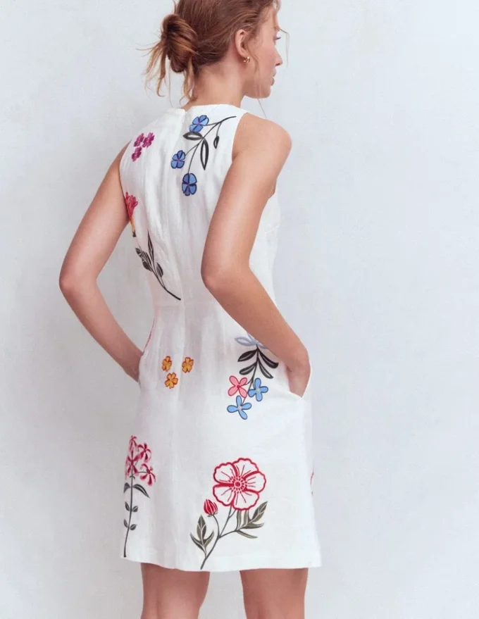 Occasion Short Linen Dress White Embroidery Occasion Short Linen Dress White Embroidery