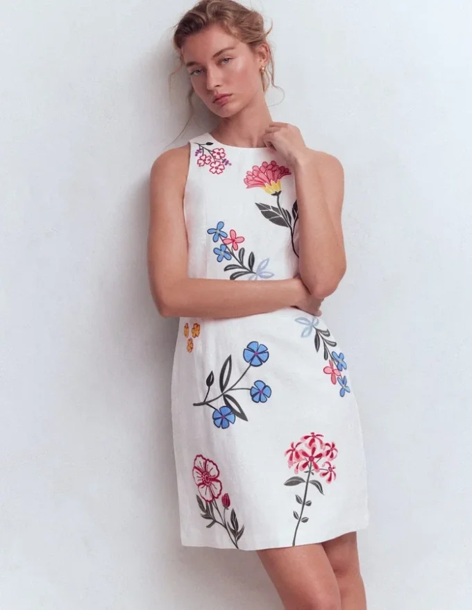 Occasion Short Linen Dress White Embroidery Occasion Short Linen Dress White Embroidery