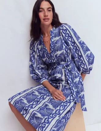 Octavia Cotton Dress Blue Ivory Embroidery