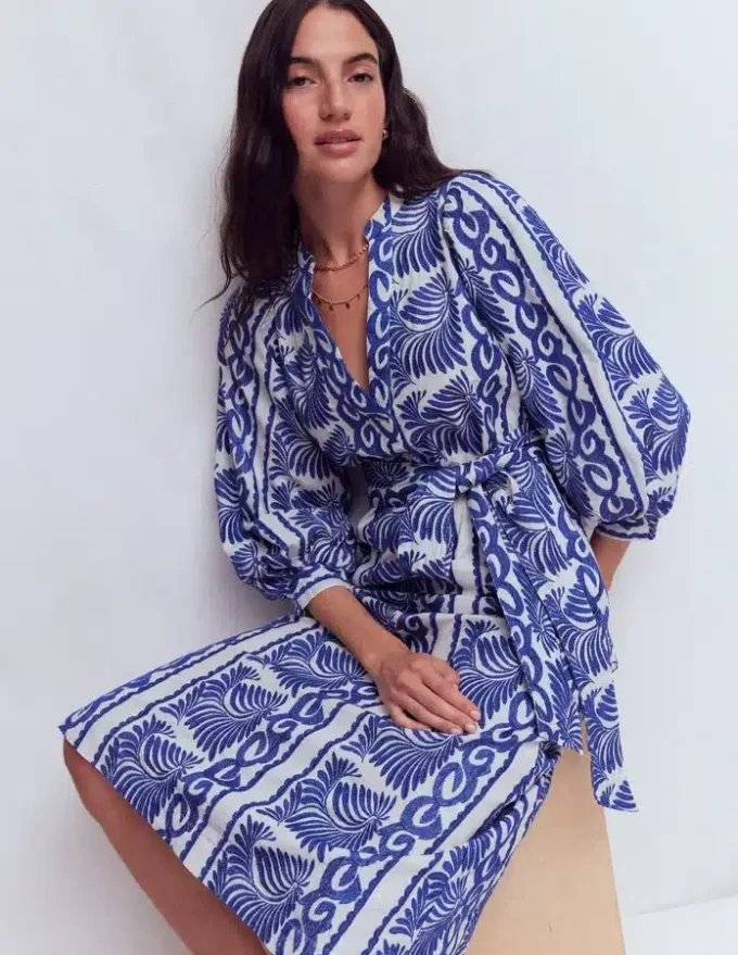 Octavia Cotton Dress Blue Ivory Embroidery Octavia Cotton Dress Blue Ivory Embroidery