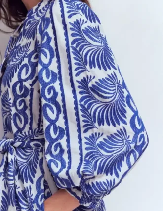 Octavia Cotton Dress Blue Ivory Embroidery