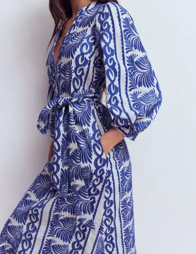 Octavia Cotton Dress Blue Ivory Embroidery Octavia Cotton Dress Blue Ivory Embroidery