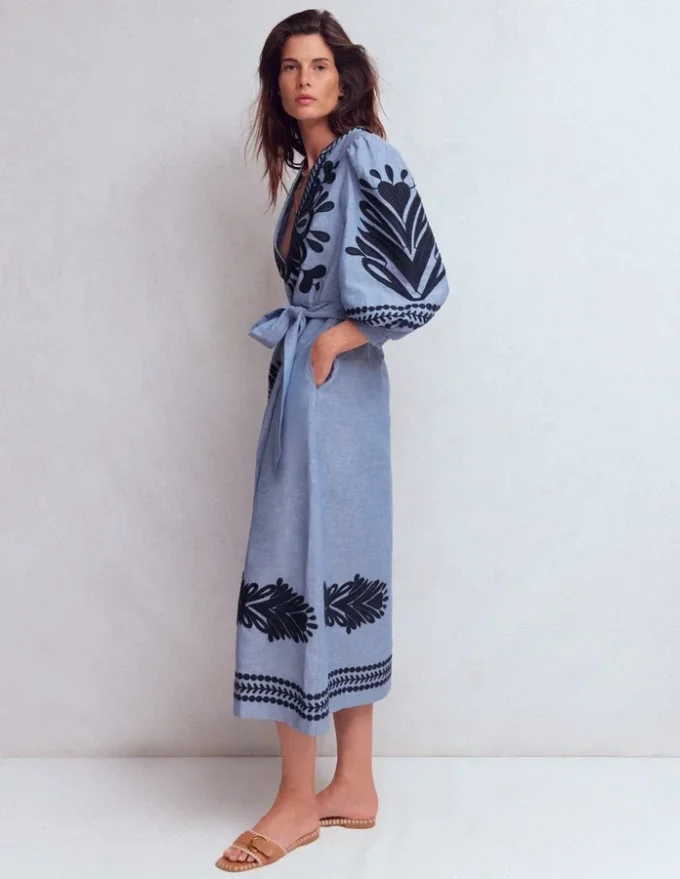 Octavia Linen Blend Dress Embroidered Chambray Octavia Linen Blend Dress Embroidered Chambray