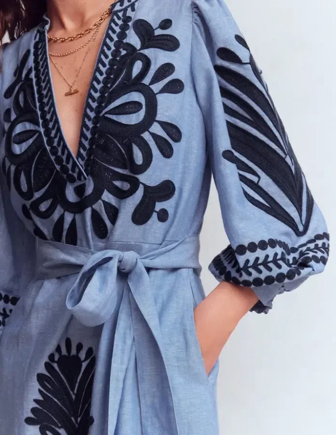 Octavia Linen Blend Dress Embroidered Chambray Octavia Linen Blend Dress Embroidered Chambray