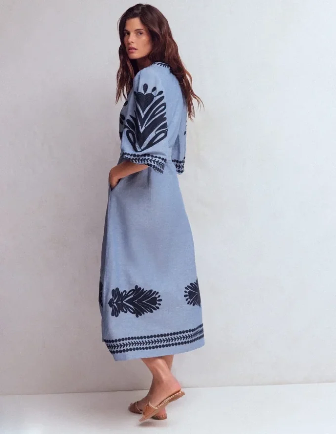 Octavia Linen Blend Dress Embroidered Chambray Octavia Linen Blend Dress Embroidered Chambray