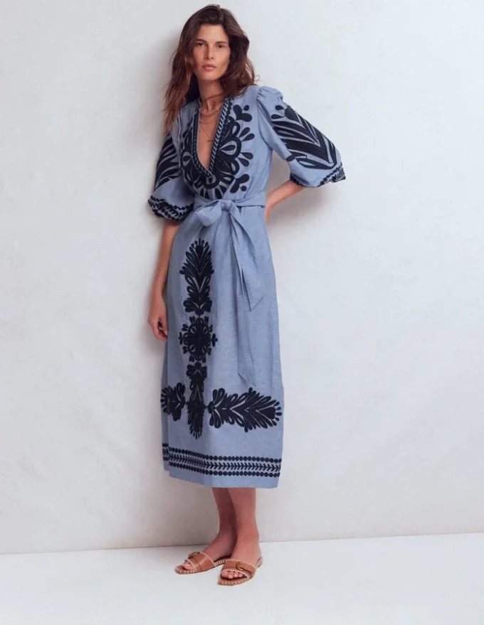 Octavia Linen Blend Dress Embroidered Chambray Octavia Linen Blend Dress Embroidered Chambray