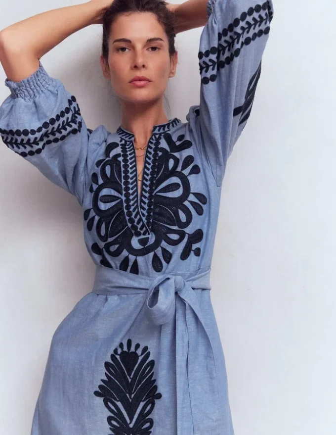 Octavia Linen Blend Dress Embroidered Chambray Octavia Linen Blend Dress Embroidered Chambray