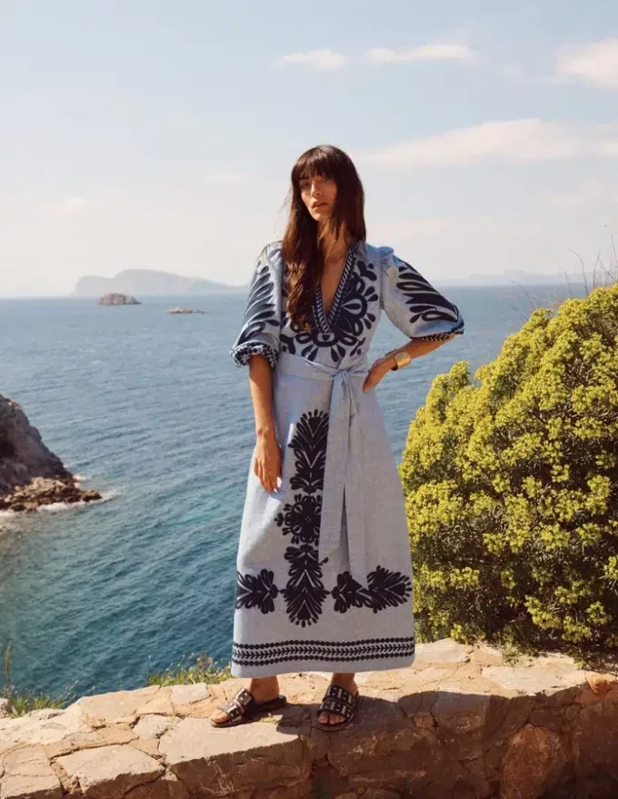 Octavia Linen Blend Dress Embroidered Chambray Octavia Linen Blend Dress Embroidered Chambray