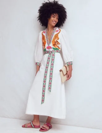 Octavia Linen Blend Dress Tiger Embroidery