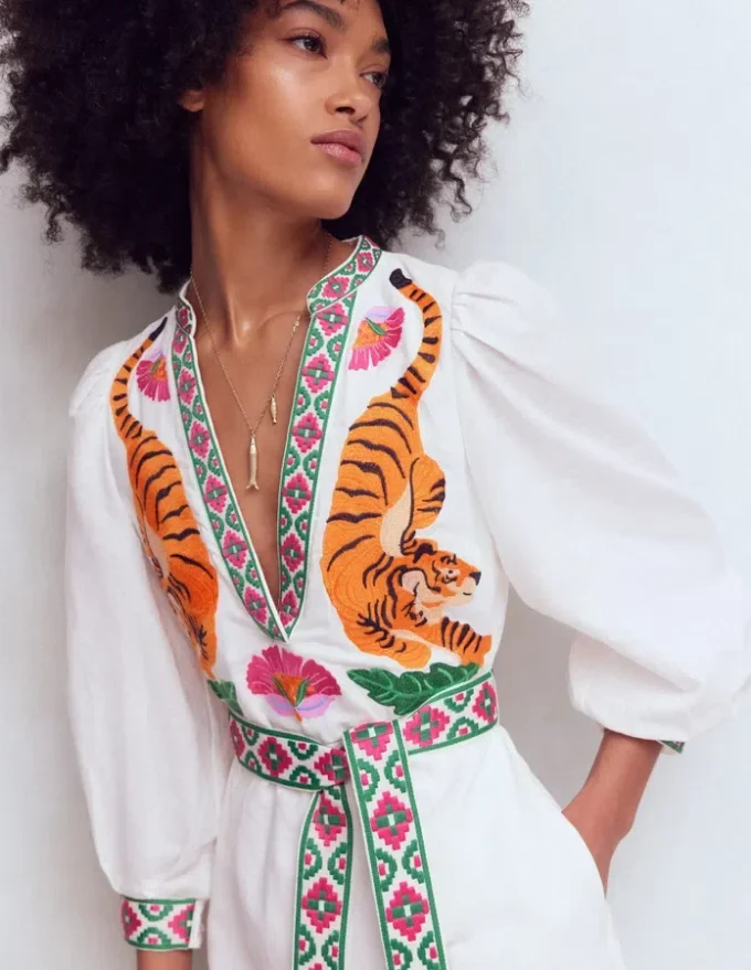 Octavia Linen Blend Dress Tiger Embroidery Octavia Linen Blend Dress Tiger Embroidery