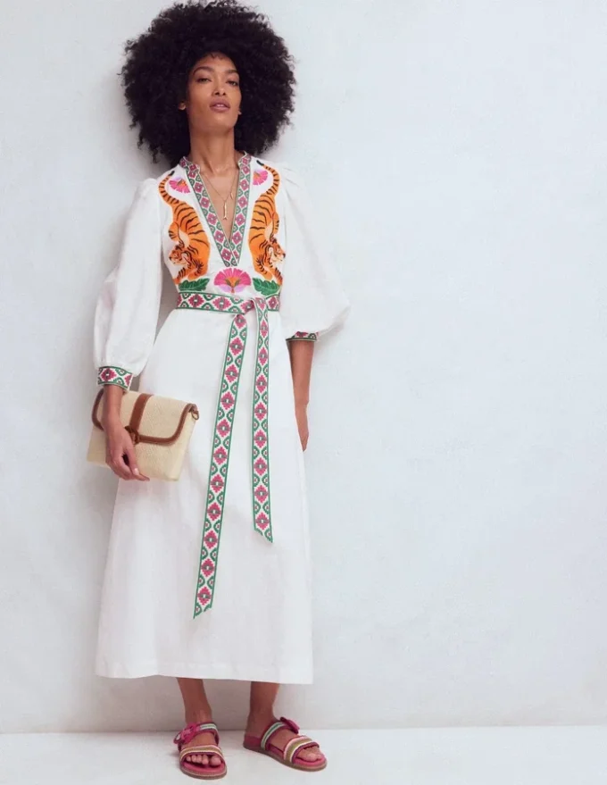 Octavia Linen Blend Dress Tiger Embroidery Octavia Linen Blend Dress Tiger Embroidery