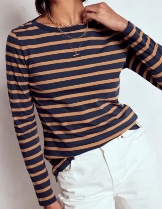 Olivia Long Sleeve Breton Navy, Camel Stripe