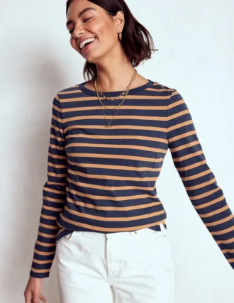 Olivia Long Sleeve Breton Navy, Camel Stripe
