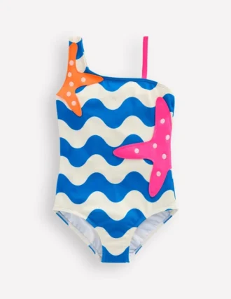 One Shoulder Appliqué Swimsuit Kingfisher Blue Wave Starfish