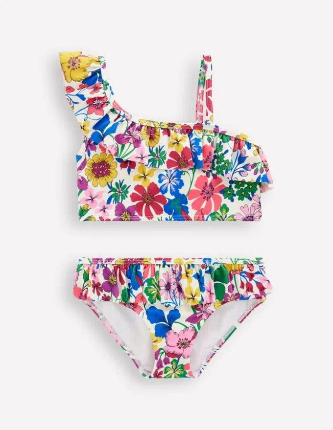 One Shoulder Frill Bikini Set Multi Rainbow Floral