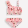 One Shoulder Frill Bikini Set Pink strawberry stripe