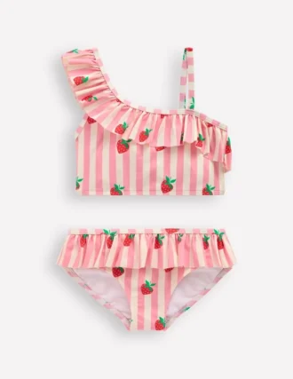 One Shoulder Frill Bikini Set Pink strawberry stripe