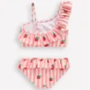 One Shoulder Frill Bikini Set Pink strawberry stripe