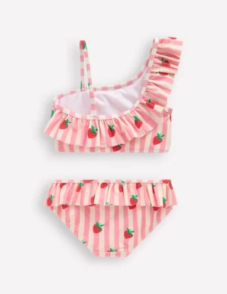 One Shoulder Frill Bikini Set Pink strawberry stripe