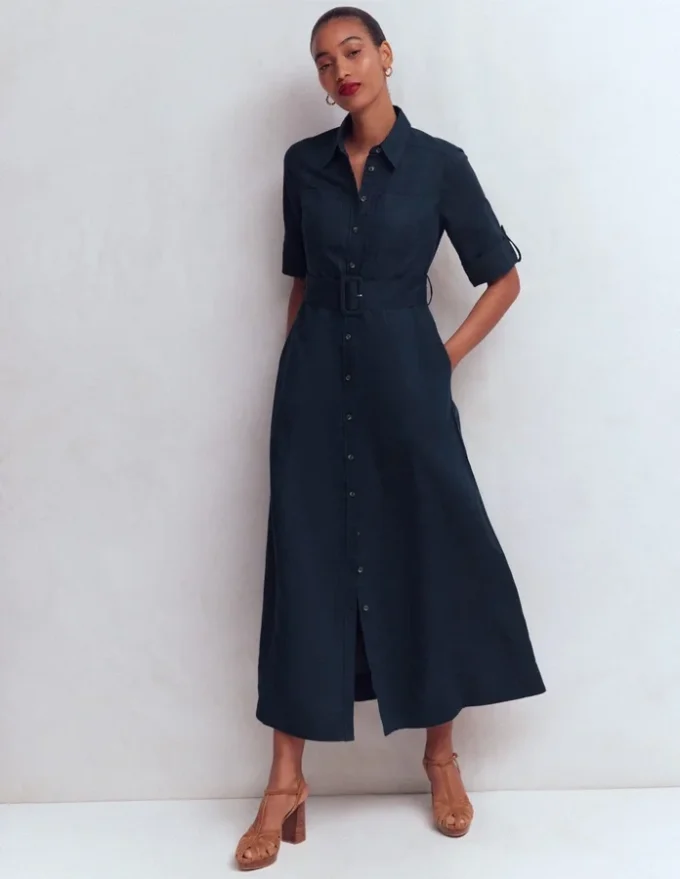 Ora Linen Blend Shirt Dress Navy Ora Linen Blend Shirt Dress Navy