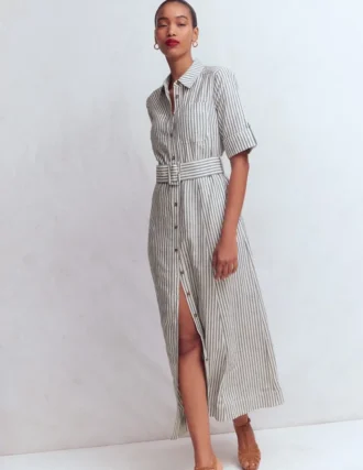 Ora Linen Blend Shirt Dress Navy Ivory Stripe