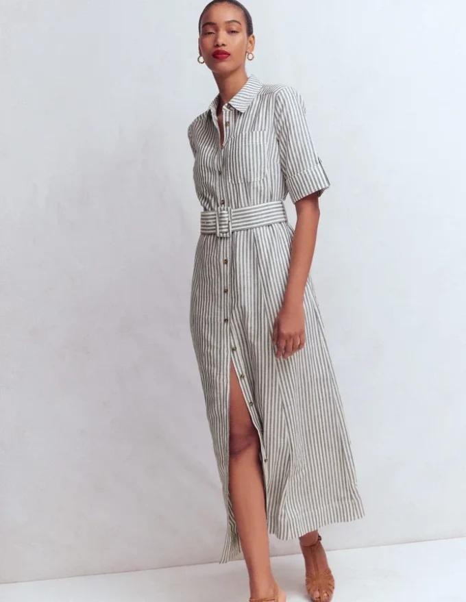 Ora Linen Blend Shirt Dress Navy Ivory Stripe Ora Linen Blend Shirt Dress Navy Ivory Stripe