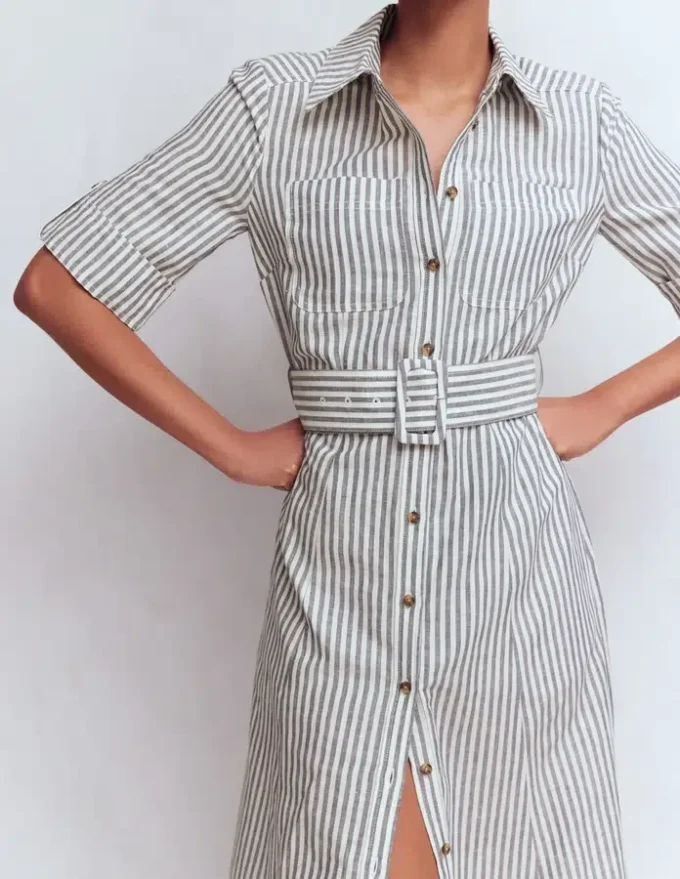 Ora Linen Blend Shirt Dress Navy Ivory Stripe Ora Linen Blend Shirt Dress Navy Ivory Stripe