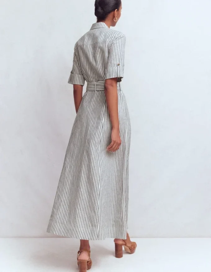 Ora Linen Blend Shirt Dress Navy Ivory Stripe Ora Linen Blend Shirt Dress Navy Ivory Stripe
