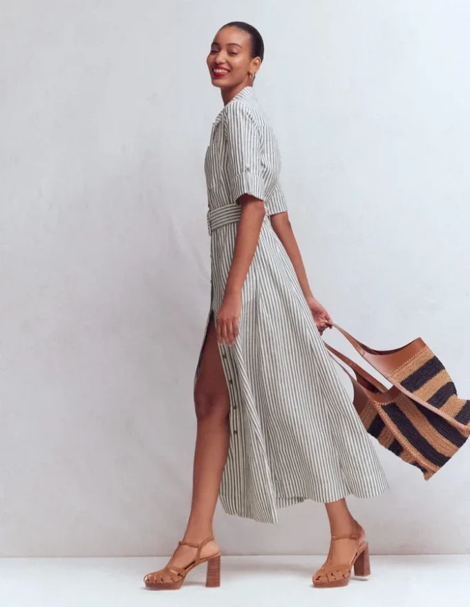 Ora Linen Blend Shirt Dress Navy Ivory Stripe Ora Linen Blend Shirt Dress Navy Ivory Stripe