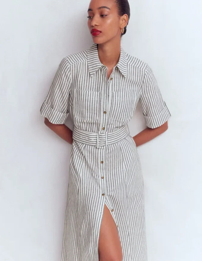 Ora Linen Blend Shirt Dress Navy Ivory Stripe Ora Linen Blend Shirt Dress Navy Ivory Stripe