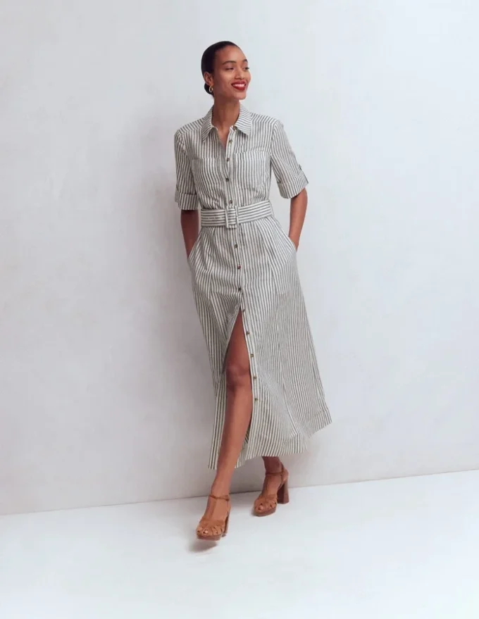 Ora Linen Blend Shirt Dress Navy Ivory Stripe Ora Linen Blend Shirt Dress Navy Ivory Stripe