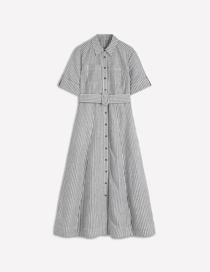 Ora Linen Blend Shirt Dress Navy Ivory Stripe Ora Linen Blend Shirt Dress Navy Ivory Stripe