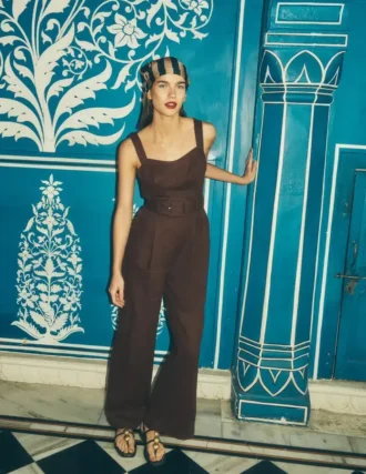Panelled Bodice Linen Jumpsuit Bitter Chocolate