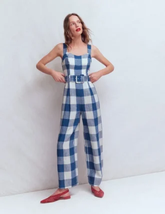 Panelled Bodice Linen Jumpsuit Denim Blue Gingham