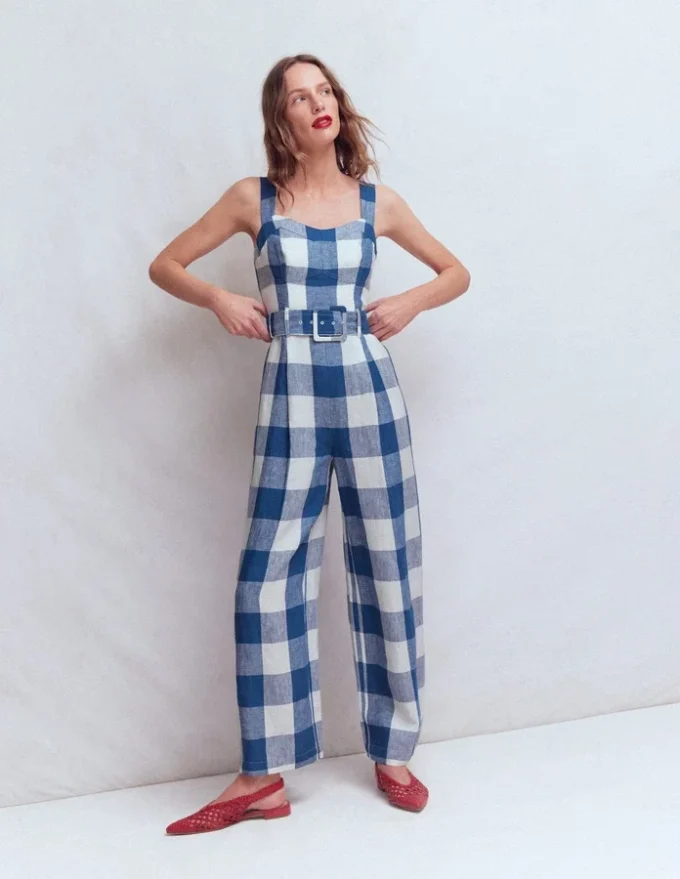 Panelled Bodice Linen Jumpsuit Denim Blue Gingham Panelled Bodice Linen Jumpsuit Denim Blue Gingham